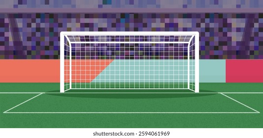 Soccer goal on stadium field vector graphic illustration, football sport post or goalpost on abstract crowd match spectators empty on green grass image 