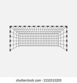 Soccer goal for playing football. Rectangular structure. Two vertical posts connected at top by horizontal crossbar. Poles equidistant from corner flagpoles. Gates covered with net. Sports equipment.
