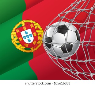 Soccer Goal. Portuguese flag with a soccer ball in a net. Vector illustration