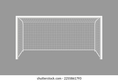 Soccer goal post. 3d football goalpost with net. Gate with frame for stadium and field. Icon in front for game, kick, penalty, pitch and goalkeeper. Vector.