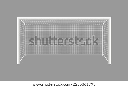 Soccer goal post. 3d football goalpost with net. Gate with frame for stadium and field. Icon in front for game, kick, penalty, pitch and goalkeeper. Vector.