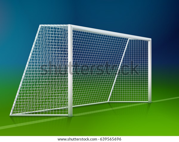Soccer goal post with net, side view. Association\
football goal on field