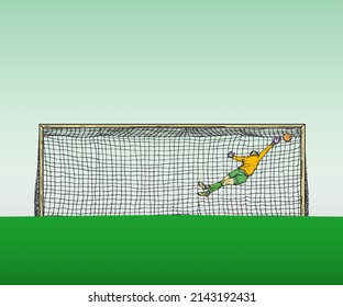 A soccer goalie dive to keep the ball out of the goalpost. Hand drawn vector illustration.
