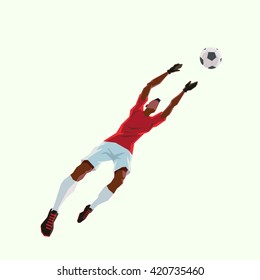 Soccer. goalkeeper catches the ball flying. football player on the field