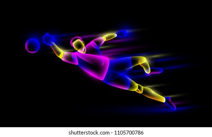 Soccer goalkeeper catches the ball in a jump. Abstract neon transparent overlay layers look like a virtual football player character.