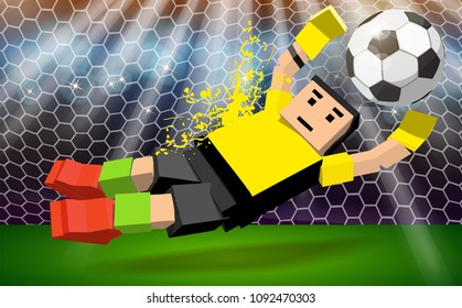 soccer goalkeeper catches the ball. Soccer player against the background of the stadium 