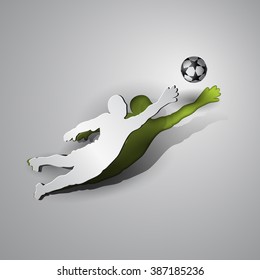 Soccer. Goalkeeper catches the ball. Sport paper cut design on a gray background.