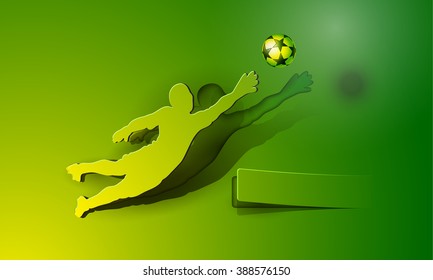 Soccer. Goalkeeper catches the ball. Sport paper cut design on a green background with space for text.