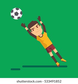 Soccer goalkeeper catching a ball illustration. Young player jump illustration.