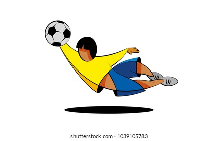 Soccer goalkeeper character catches the ball in a jump. Cartoon football player in yellow and blue clothes on a white background.