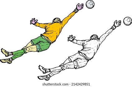Soccer Goalkeeper Dive To Catch A Ball, Isolated Against White. Hand Drawn Vector Illustration.