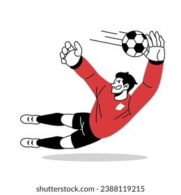 Un portero de fútbol se inclina para capturar la ilustración de la caricatura del vector de bolas