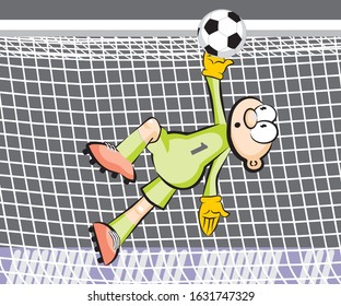 The soccer goalkeeper flies over the top goalpost, preventing the ball from entering and preventing the opposing team from scoring. Vector illustration in cartoon style, available in EPS 10.