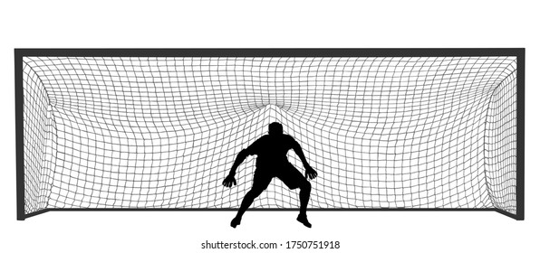 Soccer goalkeeper in front of goal net vector silhouette illustration. Football goal keeper net isolated on white background. Defender sportsman position. Save penalty. Active sport boy. Man on goal