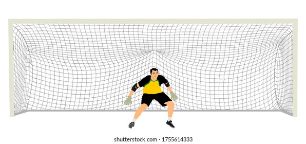 Soccer goalkeeper in front of goal net vector illustration. Football  goal keeper net isolated on white background. Defender sportsman position. Save penalty. Active sport boy. Man on goal.