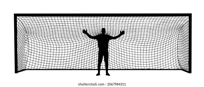 Soccer goalkeeper in front of goal net vector silhouette illustration. Football goal keeper net isolated on white background. Defender sportsman position. Save penalty. Active sport boy. Man on goal