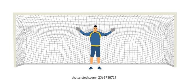 Soccer goalkeeper in front of goal net vector illustration. Football  goal keeper net isolated on white background. Defender sportsman position. Save penalty. Active sport boy. Man on goal.