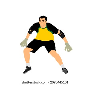 Soccer goalkeeper in front of goal vector illustration. Football goal keeper isolated on white background. Defender sportsman position. Save penalty. Active sport boy. Man on goal.