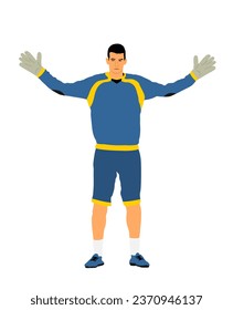 Soccer goalkeeper in front of goal vector illustration. Football goal keeper isolated on white background. Defender sportsman position. Save penalty. Active sport boy. Man on goal.