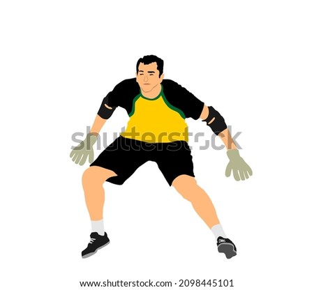 Soccer goalkeeper in front of goal vector illustration. Football goal keeper isolated on white background. Defender sportsman position. Save penalty. Active sport boy. Man on goal.