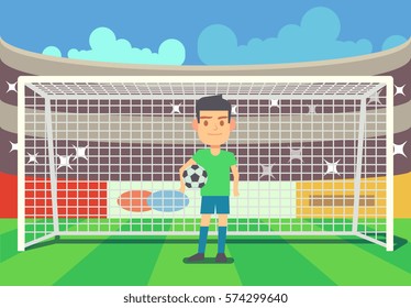 Soccer goalkeeper keeping goal on arena vector illustration. Football keeper in frame