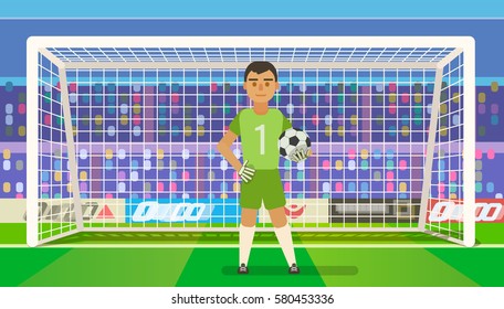 Soccer goalkeeper keeping goal on arena vector illustration. Flat. Football keeper in frame