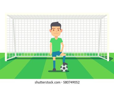 Soccer goalkeeper keeping goal on arena vector illustration. Cartoon goalkeeper with ball