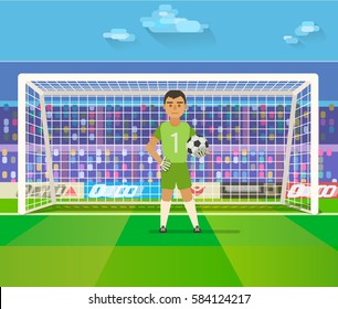 Soccer goalkeeper keeping goal on arena vector illustration. Flat. Football keeper in frame.