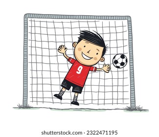 Soccer goalkeeper keeping goal vector illustration, cartoon kids hand-drawn style. children playing soccer