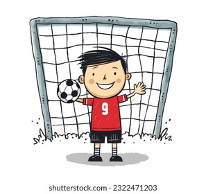 Soccer goalkeeper keeping goal vector illustration, cartoon kids hand-drawn style. children playing soccer