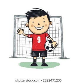 Soccer goalkeeper keeping goal vector illustration, cartoon kids hand-drawn style.