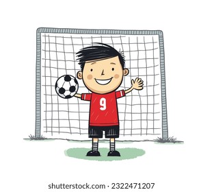 El portero de fútbol mantiene la ilustración vectorial de gol, dibujos animados estilo dibujado a mano por los niños. niños jugando fútbol