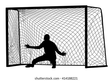 Soccer goalkeeper silhouette vector. Goalkeeper silhouette black. Goalkeeper icon and net isolated on white background.