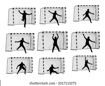 Soccer goalkeeper silhouette vector. Handball goalkeeper silhouette black. Football  Goalkeeper icon and net isolated on white background. Defender sportsman position. Save penalty.