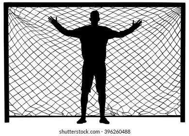 Soccer goalkeeper silhouette vector. Handball goalkeeper silhouette black. Football  Goalkeeper icon and net isolated on white background. Defender sportsman position. Save penalty.