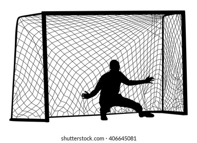 Soccer goalkeeper silhouette vector. Handball goalkeeper silhouette black. Football  Goalkeeper icon and net isolated on white background. Defender sportsman position. Save penalty.