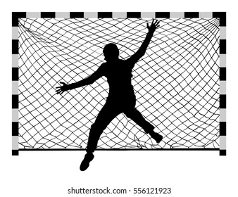 Soccer goalkeeper silhouette vector. Handball goalkeeper silhouette black. Football  Goalkeeper icon and net isolated on white background. Defender sportsman position. Save penalty.