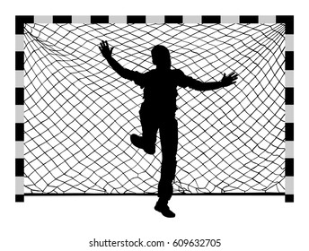 Soccer goalkeeper silhouette vector. Handball goalkeeper silhouette black. Football  Goalkeeper icon and net isolated on white background. Defender sportsman position. Save penalty.