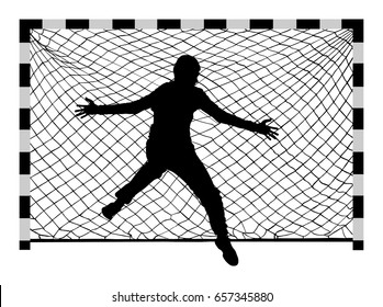 Soccer goalkeeper silhouette vector. Handball goalkeeper silhouette black. Football  Goalkeeper icon and net isolated on white background. Defender sportsman position. Save penalty.