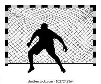 Soccer goalkeeper silhouette vector illustration isolated on white background. Handball goalkeeper shape black. Football  Goalkeeper and net. Defender sportsman position shadow. Save penalty.