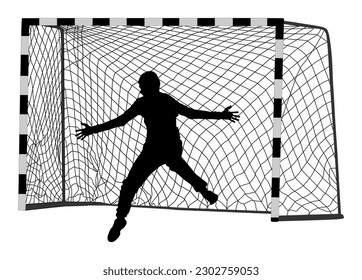 Ilustración vectorial de la silueta del arquero de fútbol aislada en fondo blanco. El portero de balonmano forma negro. Guardián de fútbol y red. Sombra de la posición del defensor deportivo. Salven la pena.