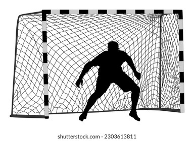 Soccer goalkeeper silhouette vector illustration isolated on white background. Handball goalkeeper shape black. Football  Goalkeeper and net. Defender sportsman position shadow. Save penalty.