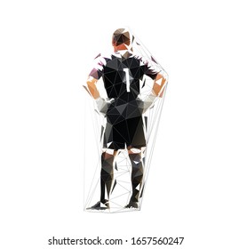 Soccer goalkeeper standing with hands on hips, low polygonal isolated vector illustration. Rear view