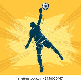 El portero de fútbol trata de mantener el Anuncio futbolístico. Ilustración vectorial de portero de fútbol de silueta sobre fondo amarillo.