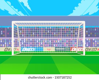 Soccer goalpost with net. Association football goal on field. Qualitative vector illustration for soccer, sport game, championship. Football goal. Soccer game.Vector illustration