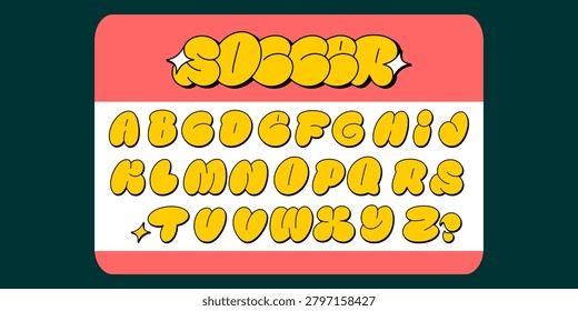 Soccer graffiti alphabet. Bubble throwup style letters name badge design featuring full uppercase character set with small sparkle accent details for sports merchandise printing clip art.