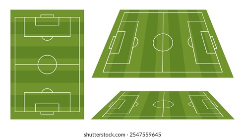 Vista superior del campo de césped de fútbol y vista en perspectiva. Campo verde. Estadio deportivo para fútbol. Lugar para partido deportivo, competición, campeonato. Ilustración vectorial