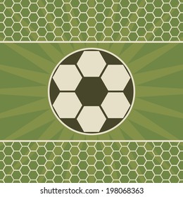 Soccer greeting card With game ball. Green background and grid. Vector illustration.