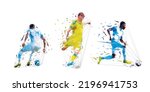 Soccer, group of football players with ball, low polygonal footballers, geometric isolated vector illustration from triangles. Soccer set