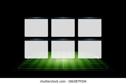 Fußball-Liga-Tisch. Perspektive tiefgrüner Fußballplatz. 3D-Abbildung.